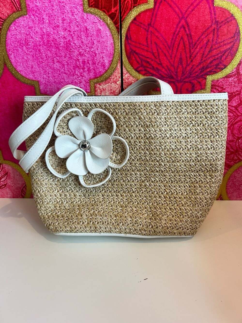 Bueno Straw Tote Handbag with Leather Flower and Polka Dot Lining